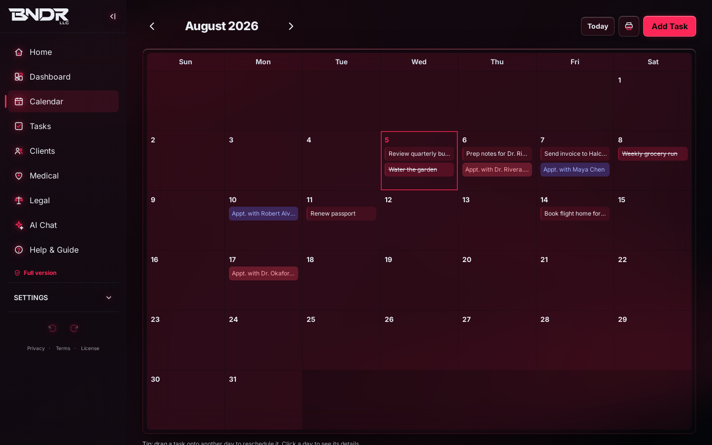 LifeMatrix month calendar with draggable tasks and appointment events