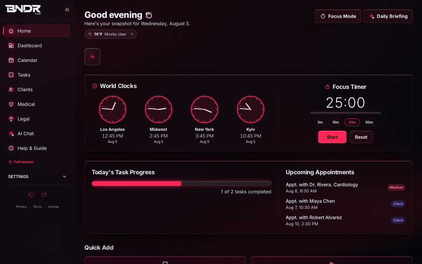 LifeMatrix home screen showing world clocks, focus timer, task progress and quick-add buttons